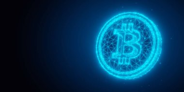 Fotokopi alanı, kripto para birimi konsepti, 3 boyutlu illüstrasyon ile siyah zemin üzerinde parlayan düşük polimerli bitcoin.