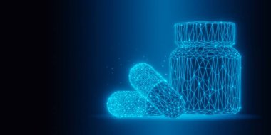 Fotokopi alanı, bilim, biyoteknoloji ya da tıbbi geçmiş konsepti ile siyah zemin üzerinde mavi parlayan düşük poligramlı kapsül ve hap şişesi, 3 boyutlu illüstrasyon