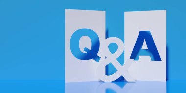 Beyaz kart kesme, soru ve cevap, mavi oda, arkaplan, 3D illüstrasyon üzerine metin