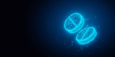 Fotokopi alanı, bilim, biyoteknoloji ya da tıbbi geçmiş konsepti ile siyah arkaplan üzerine iki mavi parlayan düşük poligramlı telgraf hapı tableti, 3 boyutlu illüstrasyon