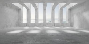 Soyut, boş, modern beton oda duvar ve tavan boyunca sütun açıklıkları ve bulutlu gökyüzü manzarası - endüstriyel iç mekan şablonu, 3 boyutlu illüstrasyon