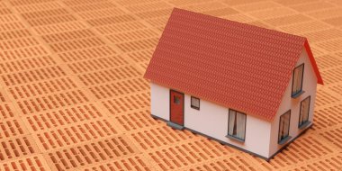 Model ev, inşaat, inşaat, inşaat veya inşaat endüstrisi konsepti, seçici odak ve kopyalama alanı, 3D illüstrasyonlu yeni, kullanılmamış kırmızı tuğla taşların katmanı