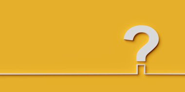 Beyaz soru işareti turuncu ya da sarı arkaplan, fikir, çözüm ya da soru sorusu ya da kopya alanı ile iletişim iş konsepti arkaplanı, yukarıdan düz bir görünüm, 3D illüstrasyon