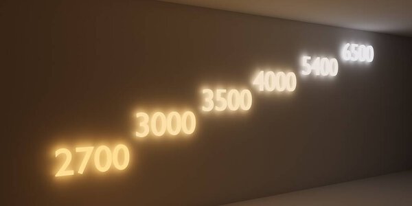 Room with colortemperature numbers on the wall with rising kelvin numbers, 3D illustration