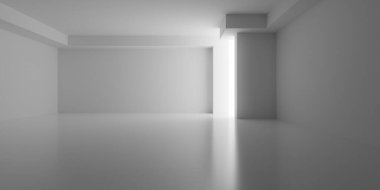 Modern stil iç mekan şablonu, boş beyaz oda iç plan geniş bir pencere ve parlak bir zemin, 3D illüstrasyon