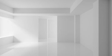 Modern stil iç mekan şablonu, boş boş beyaz oda iç plan çoklu bölme duvarları ve yumuşak ışık penceresi, 3D illüstrasyon