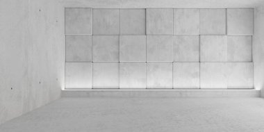 Ofset kutularıyla modern beton oda arka duvarı ve aşağıdan gelen ışık - endüstriyel iç plan şablonu, 3D illüstrasyon