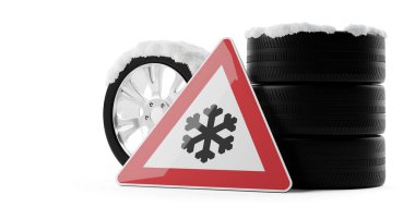 Kışın beyaz zemin üzerinde kar uyarısı işareti olan araba lastiği, 3 boyutlu illüstrasyon