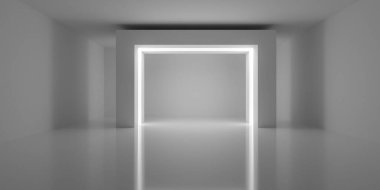 Boş boş beyaz oda arka planı ücretsiz dikdörtgen yay, giriş lambası, modern iç şablon, 3D illüstrasyon