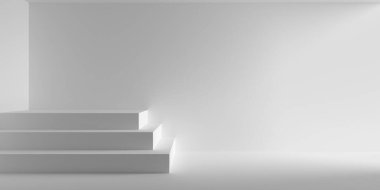 Boş beyaz oda arka planı dikdörtgen basamaklı podyum veya köşede kürsü, modern iç mekan şablonu, 3 boyutlu illüstrasyon