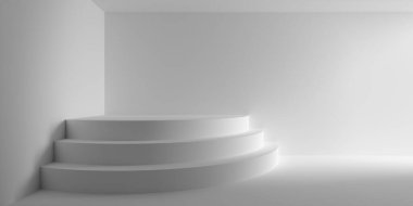 Köşesinde yuvarlak podyum ya da dais basamakları olan boş beyaz oda arka planı, modern iç şablon, 3D illüstrasyon