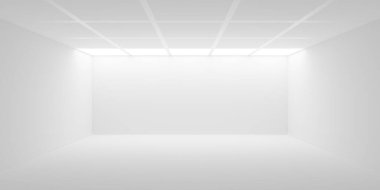 Boş beyaz oda veya sergi arka planı kiremitli tavan ve arkada yanan sıra, modern iç mekan şablonu, 3 boyutlu illüstrasyon