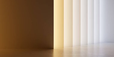 Farklı kelvin renk sıcaklıkları tarafından aydınlatılan ince duvarlar dizisi. Ilık turuncudan soğuk maviye ışık kaynakları. Beton zemin zemininde fotokopi alanı, 3 boyutlu illüstrasyon.