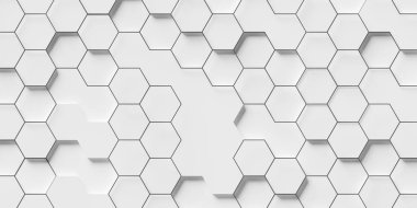 Beyaz rastgele taşınan poligon altıgenler ya da siyah kablo dış hatlı bal petekleri geometri arkaplan duvar kağıdı pankartı, düz üst görünüm, 3D illüstrasyon