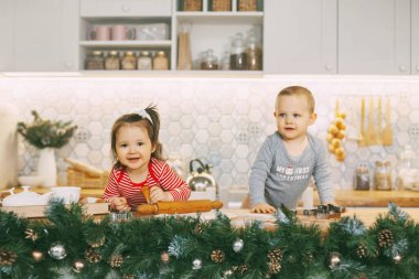 İki sevimli bebek mutfakta oynuyorlar ve bayram hediyelerini hazırlıyorlar. Noel ve Yeni Yıl Arifesi