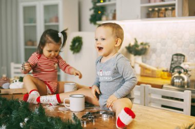 Komik çocuklar mutfak masasına oturur ve kurabiye kesicilerle oynarlar. Çocuklar Noel ve yeni yıl için kurabiye pişirmeye yardım ederler.