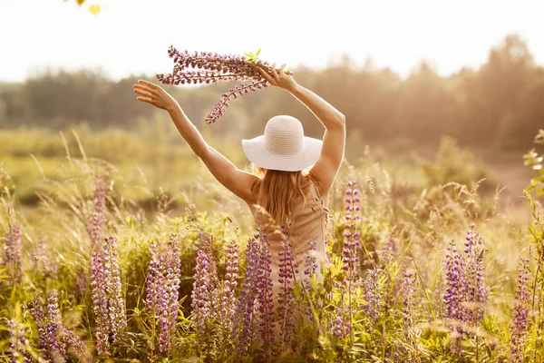 A young girl in a light dress and a hat with a bouquet in her hands on a lupine field, looking at the sunset. Rear view, space for text — Stock Photo, Image