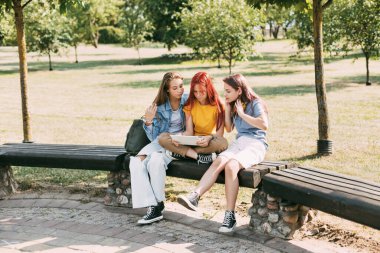 Üç çekici kız öğrenci parkta bir bankta oturuyor ve birlikte ders ya da sınavlara hazırlanıyorlar. Arkadaşlar, arkadaşlık, birlikte zaman geçirmek.