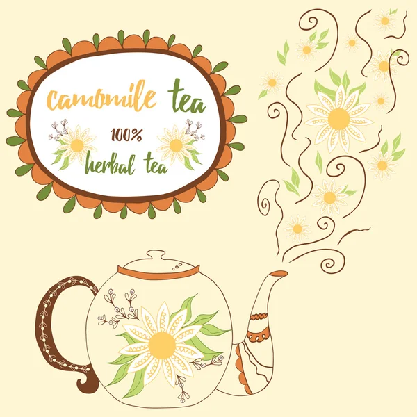 手绘茶壶与甘菊茶。完美的蒸汽与鲜花. — 图库矢量图片