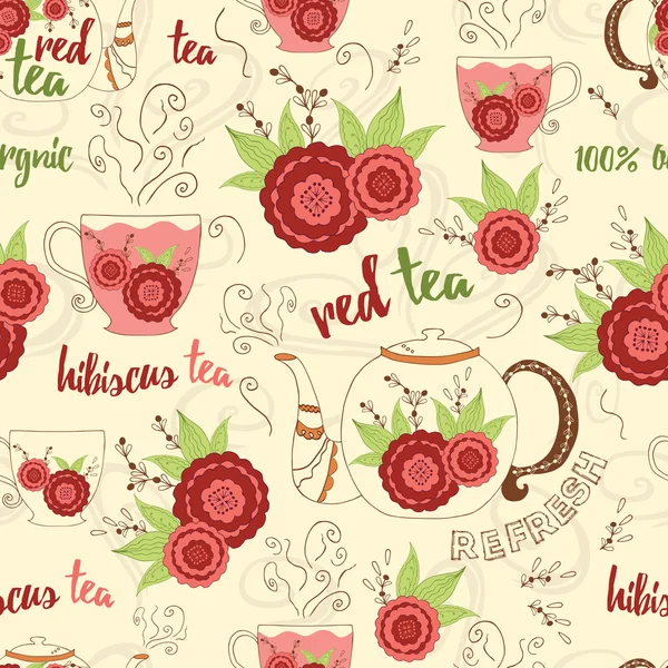 Dessin à la main brillant texture sans couture avec thé hibiscus rouge, vapeur fraîche et éléments de design. tasse, tasse, théière, bouilloire — Image vectorielle