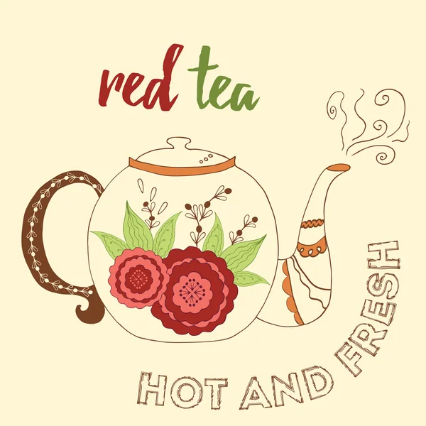 Bule desenhado à mão com chá vermelho hibisco . — Vetor de Stock