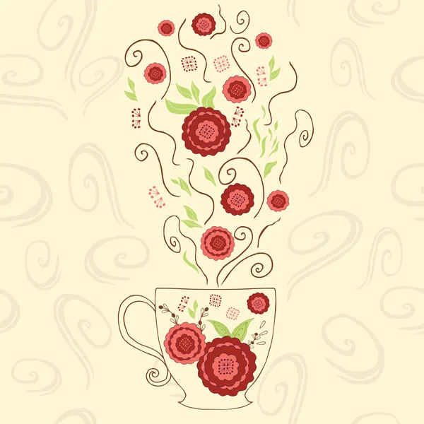 El kırmızı ebegümeci çayı ile çizilmiş şirin Kupası. Çiçek ve bitki kupa altında mükemmel sıcak buharla. Pozitif nesne. — Stok Vektör