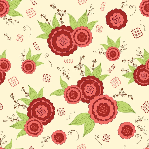 Floral seamless pattern with red hand drawn flowers. Bright summer colors. — Stock Vector