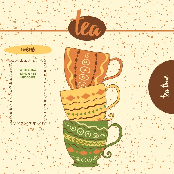 Karta s načrtnuté čajové šálky menu design nebo webové šablony. Ručně tažené barevné hrnky s geometrickými ornamenty. — Stockový vektor