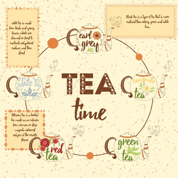 Tee-Infografiken. Teeset vorhanden. Statistiken über Teegetränke. Vektor-Illustration mit Tasse Tee in braunen Farben. — Stockvektor