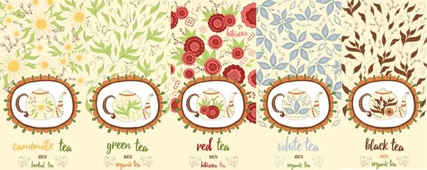 Vector uppsättning designelement och ikoner i trendiga doodle stil för te paketet - kamomill, rött, vitt, svart och grönt te. — Stock vektor