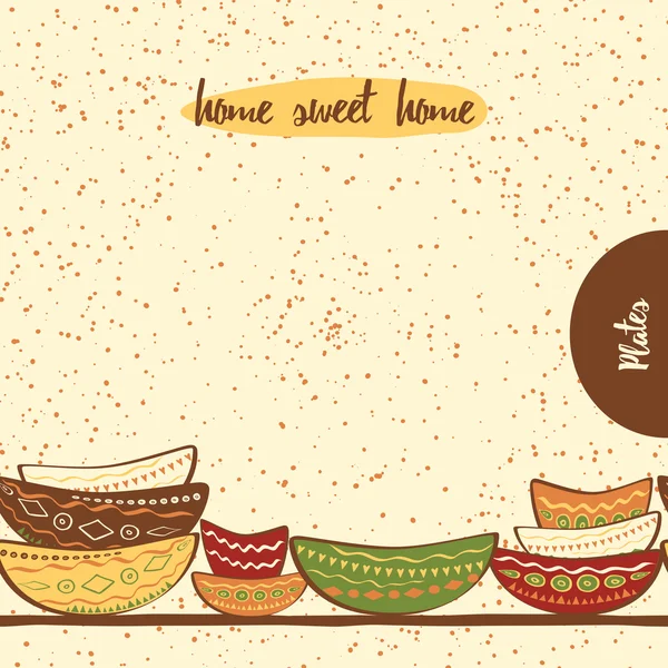 El çizimi doodle stil üzerinde yapılan şirin renkli tabaklar ile sorunsuz mutfak sınır. — Stok Vektör