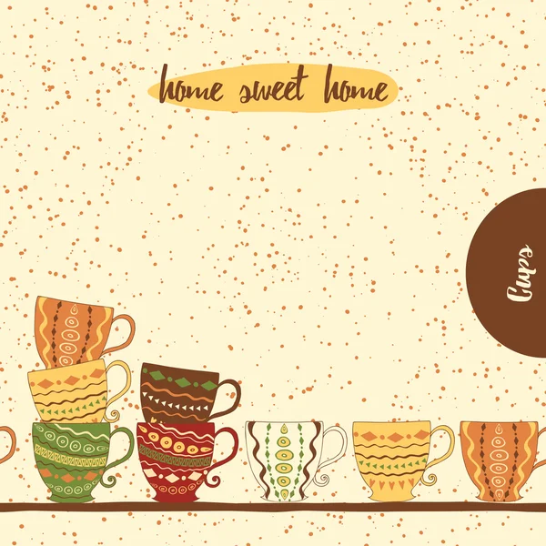 Бесшовная граница кухни с ручной рисования милые цветные чашки, сделанные на каракули стиле . — стоковый вектор