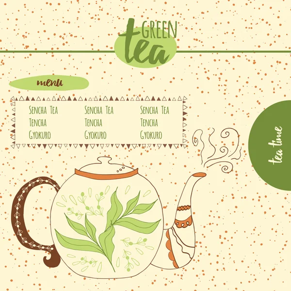 Cartão com bule bonito esboçado para design de menu ou modelo web. Chaleira colorida desenhada à mão com chá verde . —  Vetores de Stock