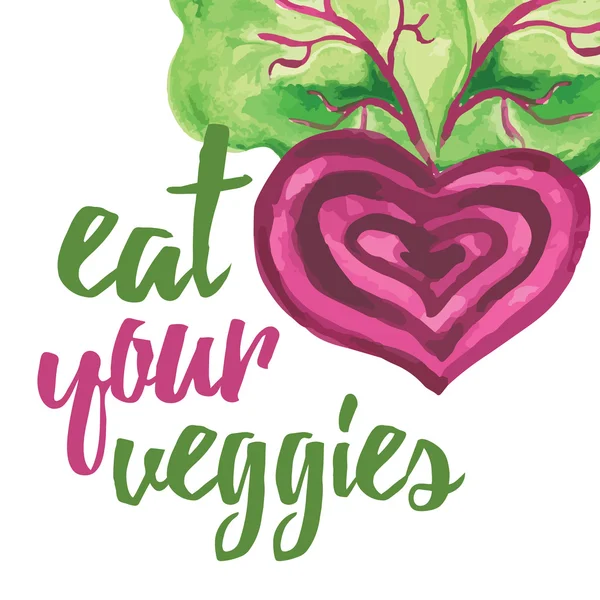Banner tipográfico con remolacha dibujada a mano. Come tus verduras. . — Vector de stock