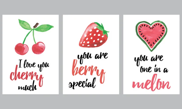 Conjunto de brochuras com frutas e bagas. Vetor mão desenhada frutas banners set com inspiração citação . — Vetor de Stock