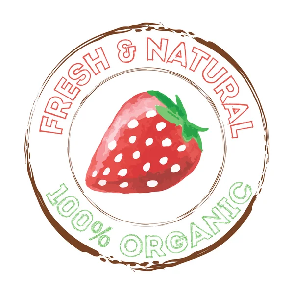 Strawberry organik buah grunge cap karet atau label pada putih. Templat untuk makanan eco atau pertanian . - Stok Vektor