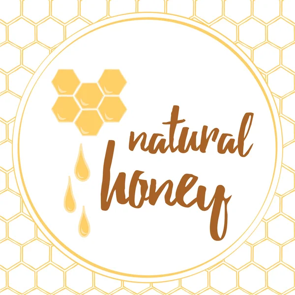 Etichetta con nido d'ape disegnato a mano e miele fatto su colore giallo brght . — Vettoriale Stock