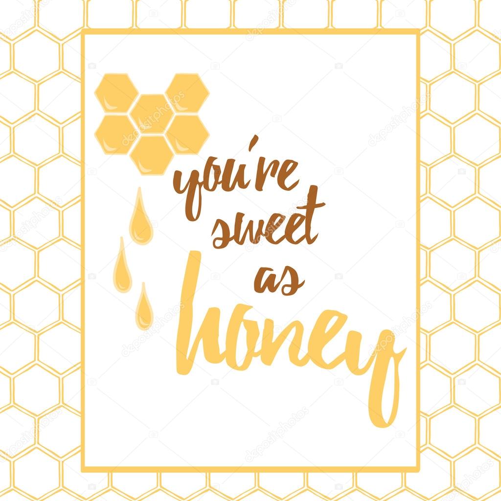 Label with hand drawn honeycomb and honey made on brght yellow color.