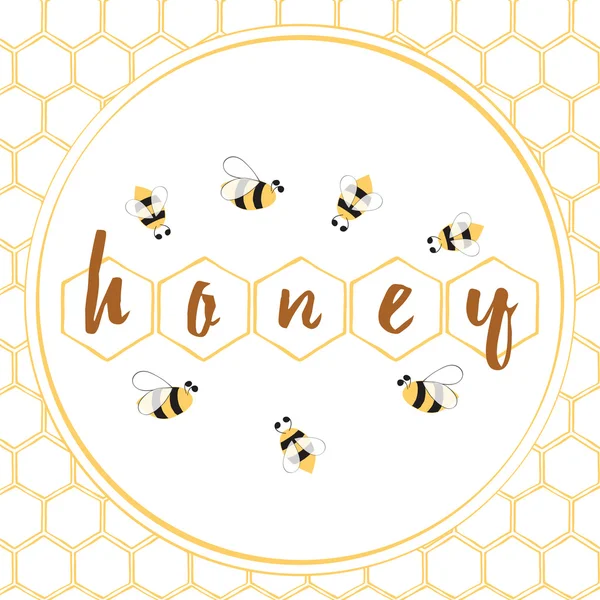 Honigetikett mit Bienen, Waben und Honig — Stockvektor