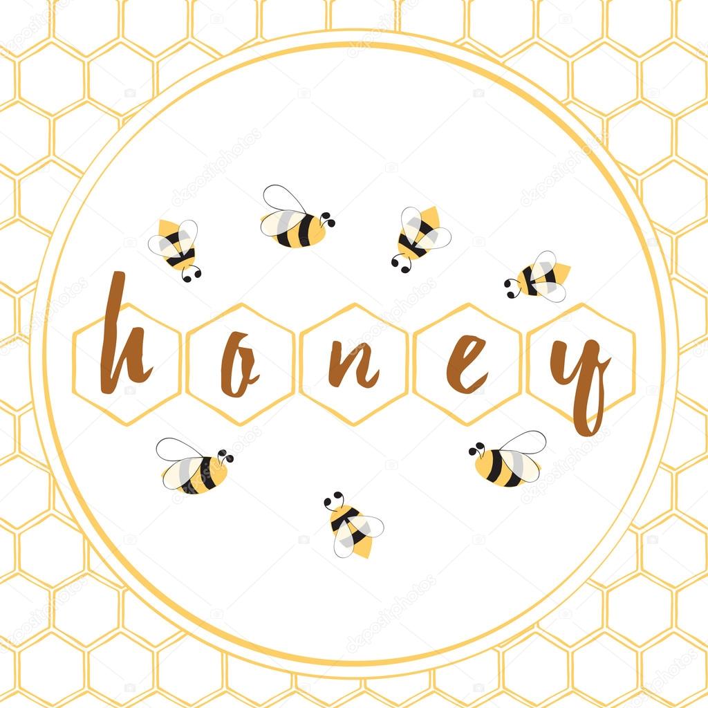 Honey Label with bees, honeycomb and honey