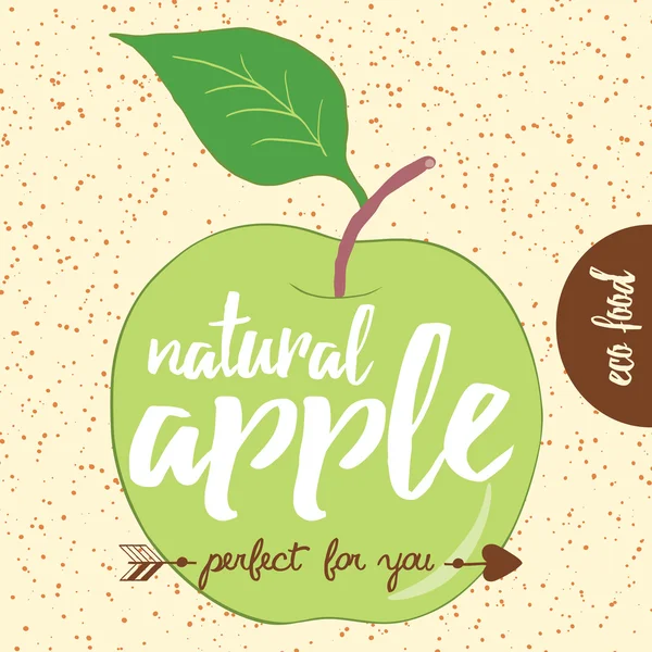 Ilustración dibujada a mano de la silueta de manzana verde aislada sobre un fondo beige. Cartel de tipografía con lema creativo . — Vector de stock