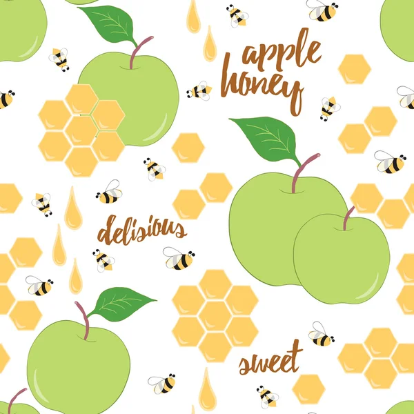 Handgezeichneter Hintergrund mit Wabe, Honigtropfen, Apfel und Biene. — Stockvektor