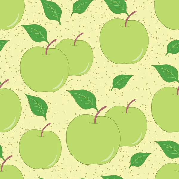シームレスなフルーツ手描き下ろしの背景に緑のりんご、葉. — ストックベクタ