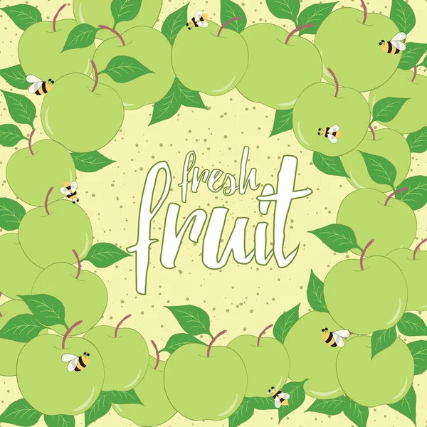 Cadre rond dessiné à la main pour carte de fruits frais. Fond avec des pommes vertes. Place pour le texte . — Image vectorielle