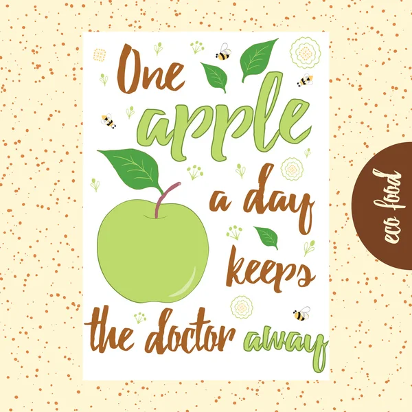 Tipografik el çekilmiş afiş ile yeşil elma, arı, çiçek ve metin. — Stok Vektör