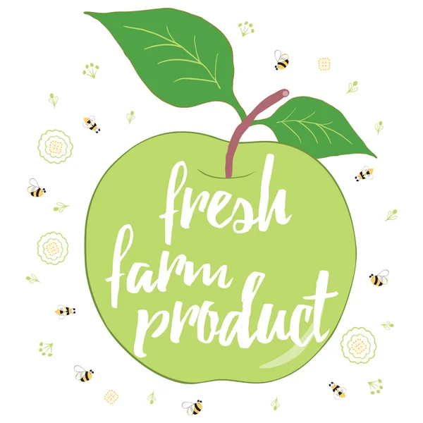 Tarjeta tipográfica vegana con una manzana verde. Banner de producto natural de granja fresca . — Vector de stock