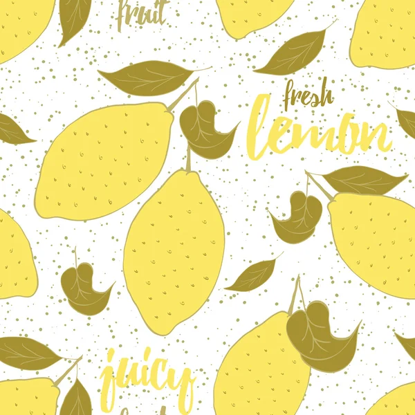 Frutas sem costura mão desenhada fundo com limão amarelo fresco e folhas . —  Vetores de Stock