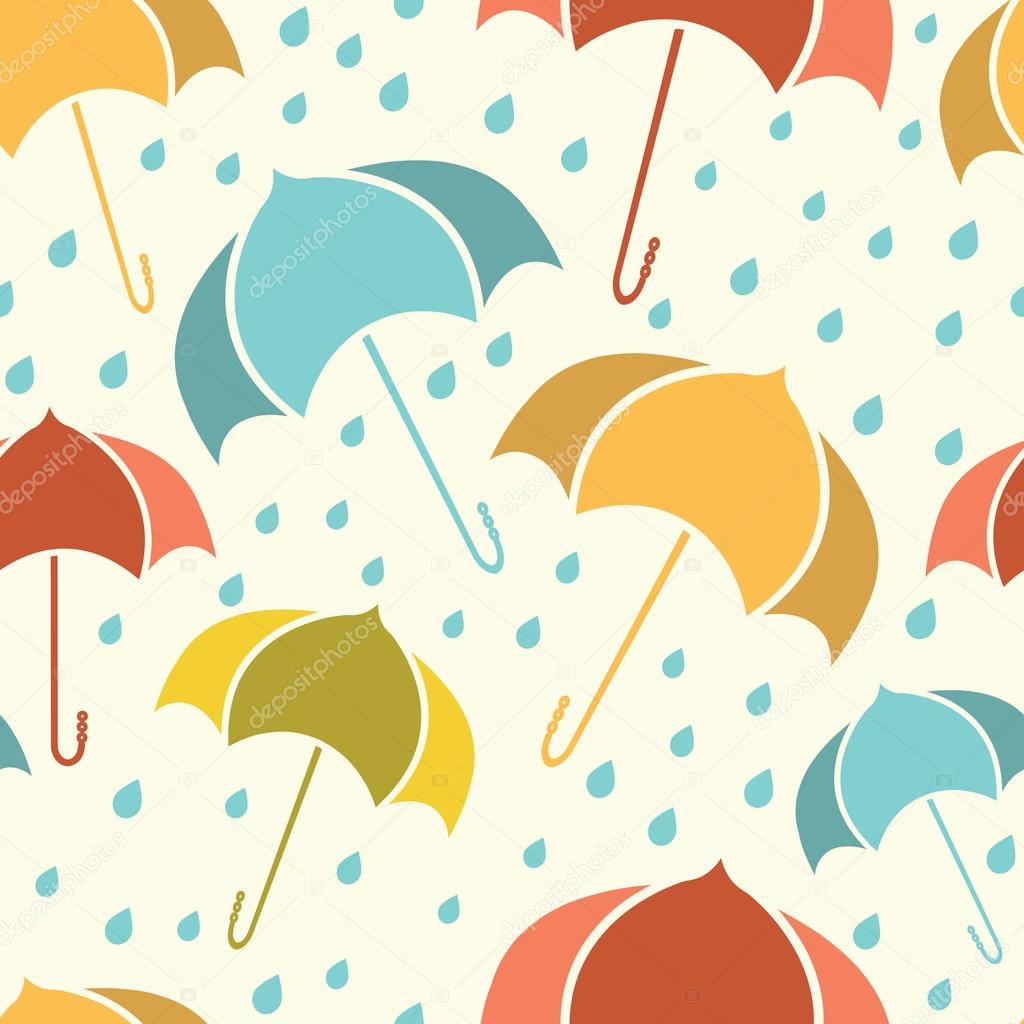 Spring seamless pattern with umbrellas and rain isolated on beige background