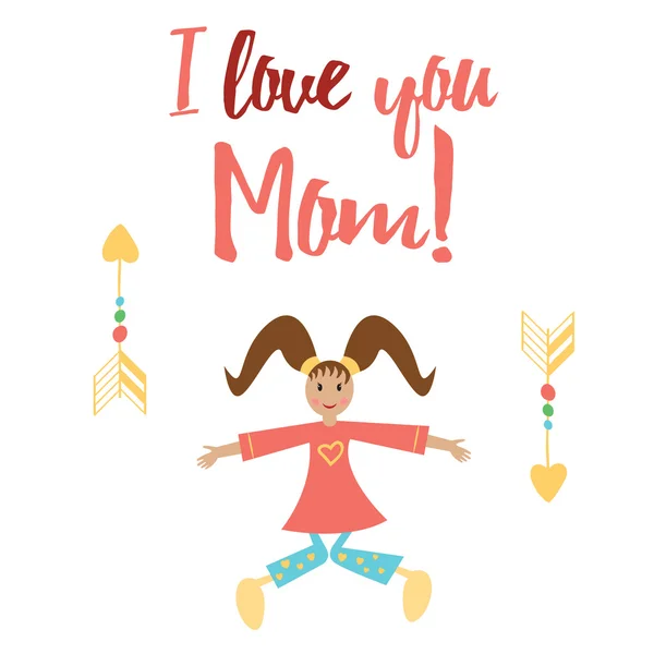 Banner colorido Eu amo a mãe decorada bonito pulando menina com abraços . —  Vetores de Stock