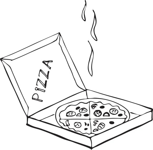 Pizza isolata disegnata a mano sulla scatola su sfondo bianco . — Vettoriale Stock